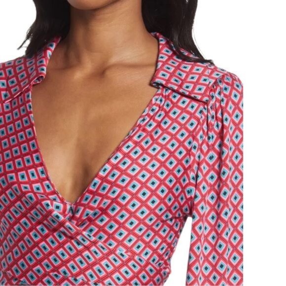 New Free People Long-Sleeve Wrap Dress Open Back & Tie Detail in Red Geometric S - Picture 5 of 11